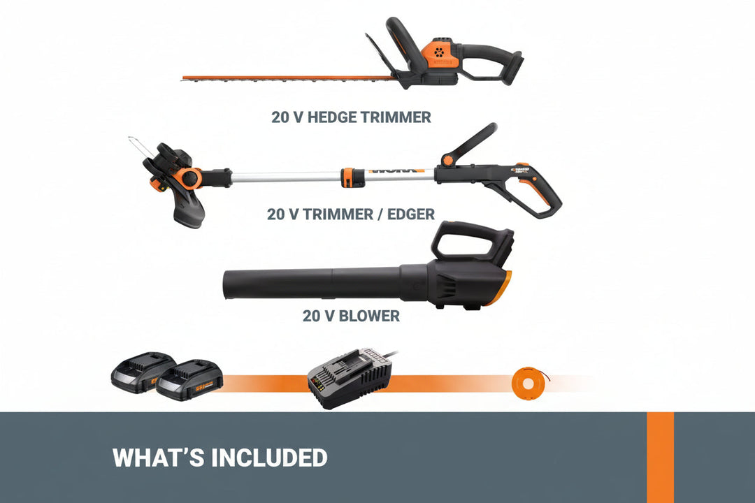 20V 12'' Cordless String Trimmer, 360 CFM Leaf Blower & 22'' Hedge Trimmer Combo, 2 Batteries & Charger Included, WG931