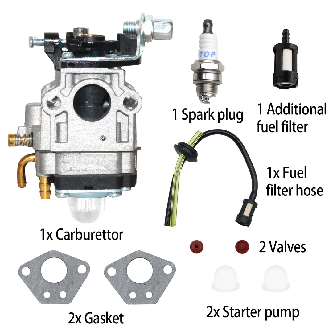 Carburateur Débroussailleuse 52cc 49cc 43cc, Kits de Carburateur pour Moteur avec Joint Tuyau Bougie d'allumage et Filtre à Essence pour Tondeuses à Gazon, Débroussailleuses et Tronçonneuses à Chaîne